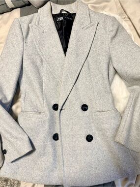 Zara Light Gray Double-Breasted Blazer Coat